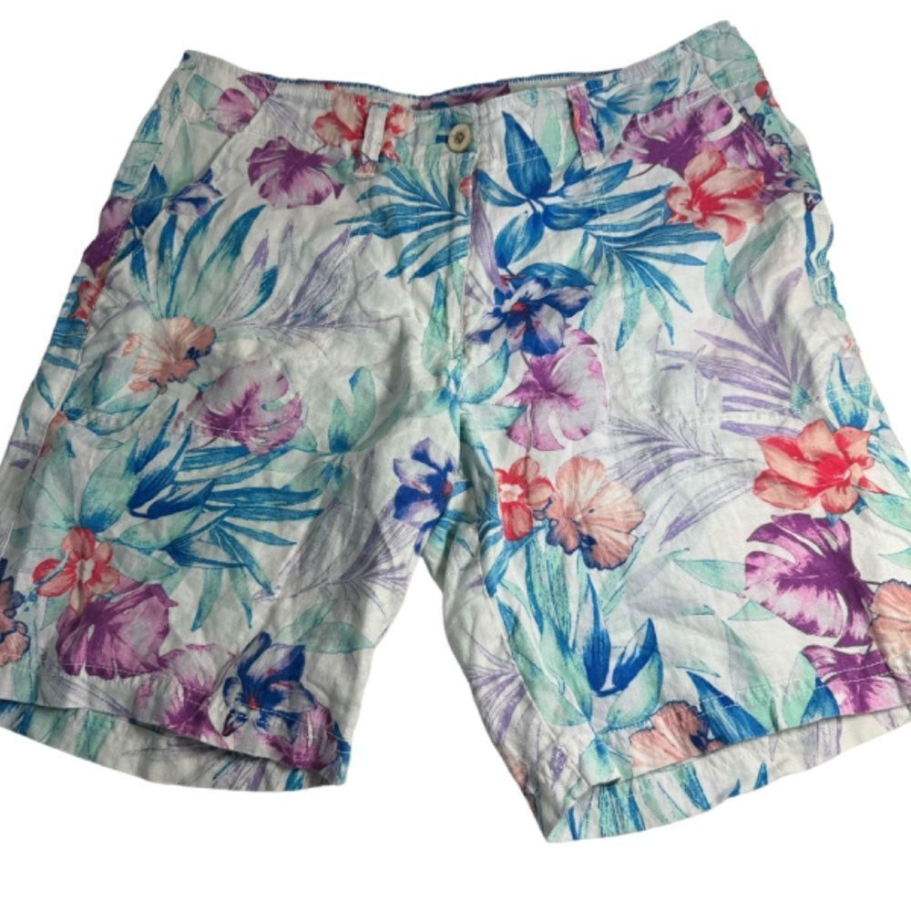 Tommy Bahama White Linen Floral Lilly Print Shorts Sz S